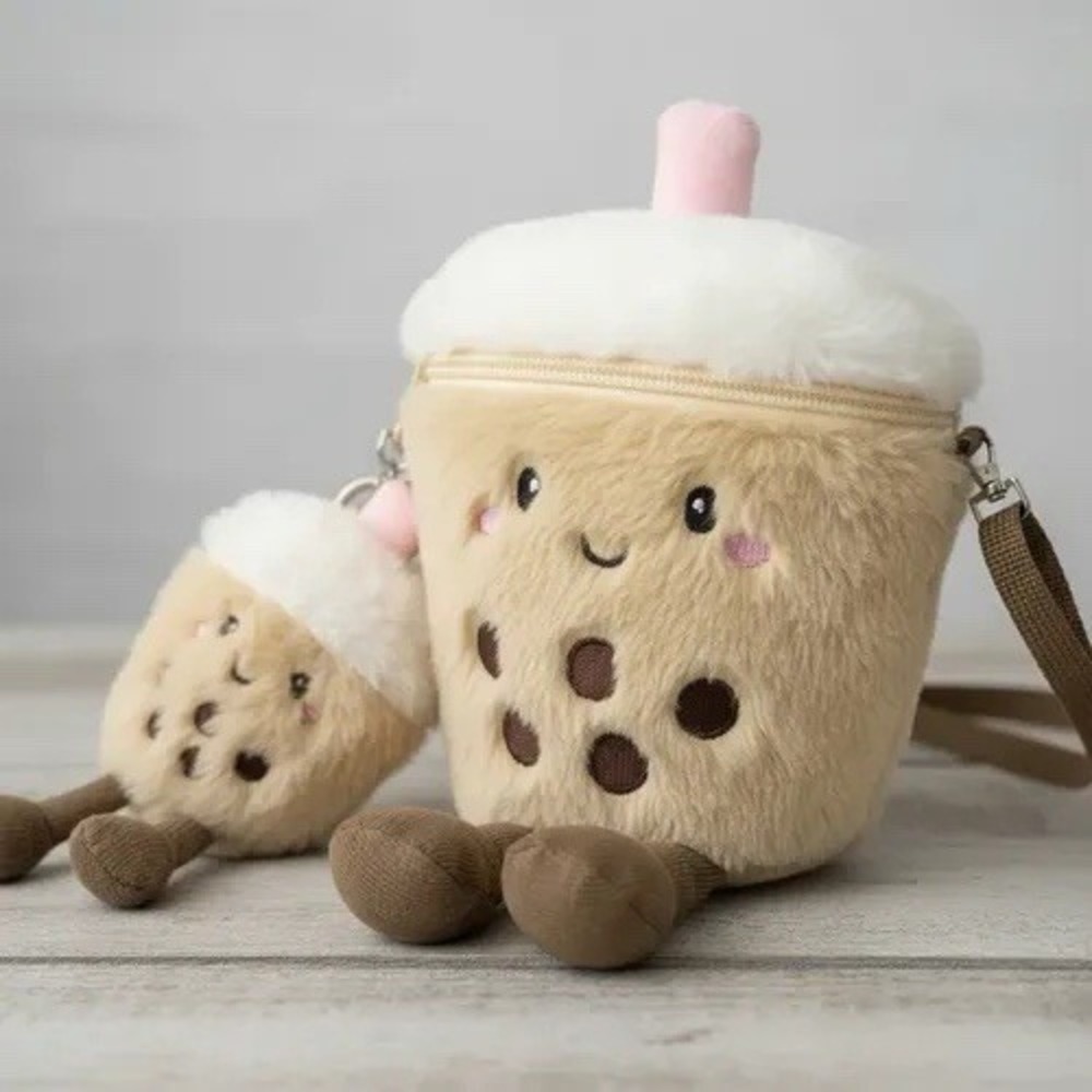 Boba Bubble Tea Crossbody Bag Pouch and Mini boba keychain Kids Plushie Plush
